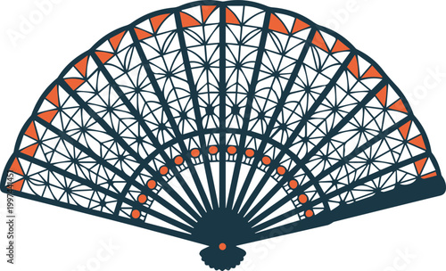 Intricate Hand Fan Vector Illustration with Traditional Lace Pattern and Orange Accents