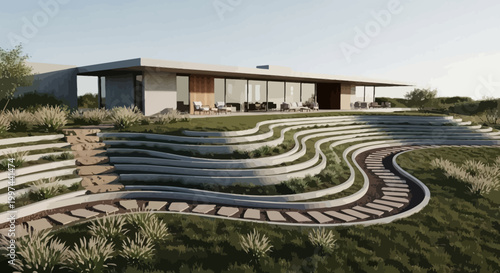 Modern Luxury Villa with Terraced Landscape and Outdoor Seating Area