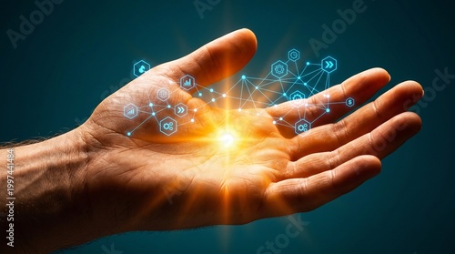 Human hand holding glowing digital network sphere with futuristic icons and light effects