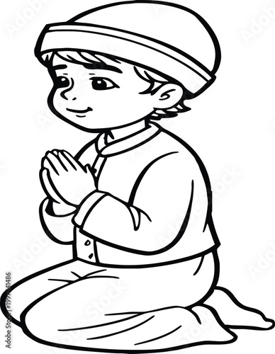 Little boy praying in traditional clothes line art style