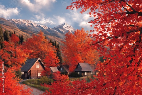 Mountain View With Orange Trees and Houses During Autumn Season in a Valley