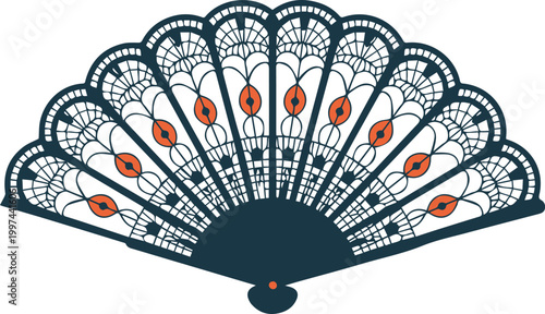 Elegant Lace Hand Fan Illustration with Floral Ornate Patterns and Orange Accent
