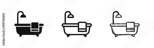 Bathtub with Shower Head and Towel Icon Set for Bathroom Decor
