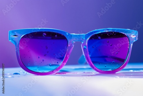 Cool Sunglasses on a Table With Colorful Background and Water Droplets