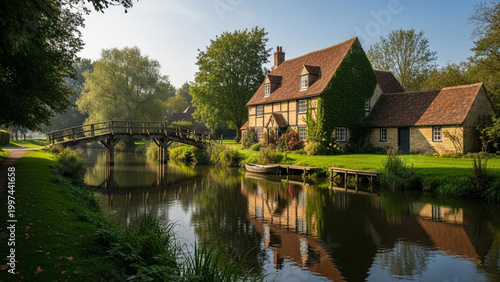 Traditional English Country Cottage by a River with a Wooden Bridge