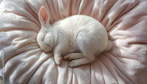 Cute white kitten sleeping peacefully on the floor or bed in a cozy domestic setting