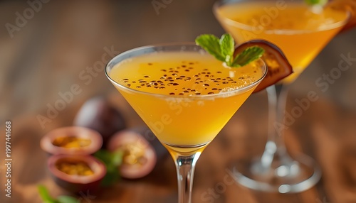 World Passion Fruit Martini Day Tropical passion fruit cocktail with fresh mint garnish for summer refreshment.