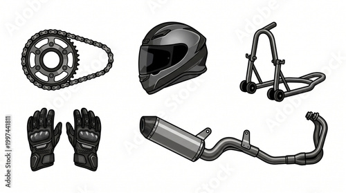 Collection of motorcycle accessories including a helmet, gloves, exhaust, chain, and stands for a safe and stylish ride