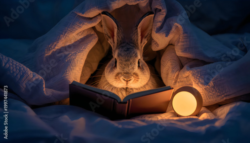 Cute rabbit reading a glowing book under a blanket at night