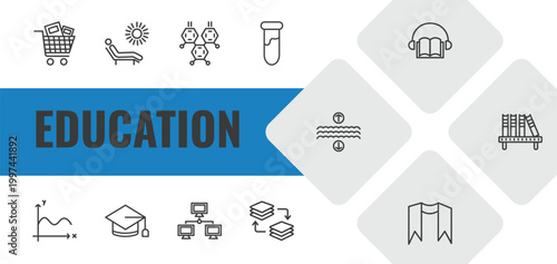 education outline icon set. linear vector for ui, web and mobile. thin line cart with books, leisure, chemical diagram icons.