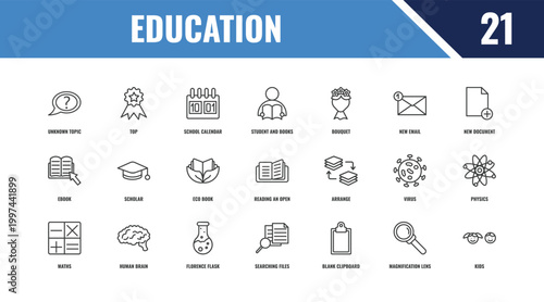 education outline icon set. linear vector for ui, web and mobile. thin line top, new document, arrange icons.