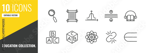 education collection. outline icon set. 10 linear vector for ui, web and mobile. thin line magnifying glass, papyrus, gaussian function icons.