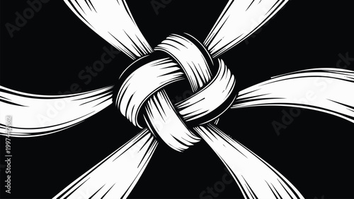 Intricate graphic illustration of a central knot formed by four interconnected white ribbons on a solid black background, symbolizing strength, unity, and complex relationships