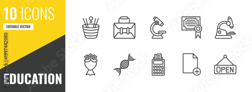 education outline icon set. 10 linear vector for ui, web and mobile. thin line spacetime curvature, case, microscope icons.