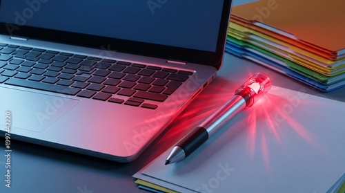 Laptop with glowing pen on desk and colorful notebooks in soft pink lighting