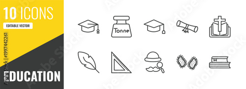 education outline icon set. 10 linear vector for ui, web and mobile. thin line graduation hat, tonne, graduate icons.