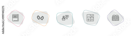 education outline icon set. linear vector for ui, web and mobile. thin line hard cover book, parasites, teacher giving lecture icons.