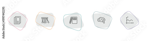 education outline icon set. linear vector for ui, web and mobile. thin line folded written paper, newton cradle, hardbound book variant icons.