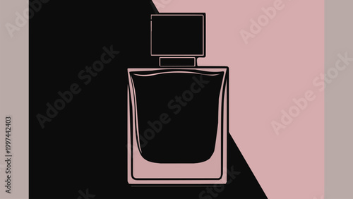 Elegant minimalist vector illustration of a classic perfume bottle silhouette, set against a chic contrasting pink and black geometric background, embodying luxury and sophisticated fragrance design