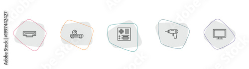 electronic devices outline icon set. linear vector for ui, web and mobile. thin line hdmi, dvd player, motherboard icons.