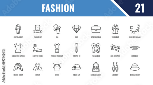 fashion outline icon set. linear vector for ui, web and mobile. thin line cylinder hat, high heel sandals, pair sandals icons.
