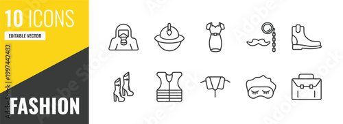 fashion outline icon set. 10 linear vector for ui, web and mobile. thin line hazmat, firefighter hat, dress with belt icons.