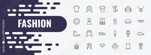 fashion outline icon set. linear vector for ui, web and mobile. thin line jacket with buttons, t shirt with heart, shoulder bag icons.