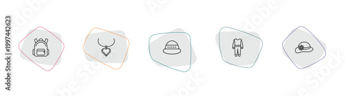fashion outline icon set. linear vector for ui, web and mobile. thin line book bag, heart pendant, general helmet icons.
