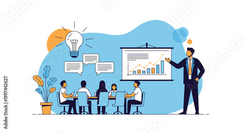 A confident businessman giving a presentation with a rising bar graph, sharing a new idea symbolized by a large lightbulb. Business strategy, innovation, meeting.