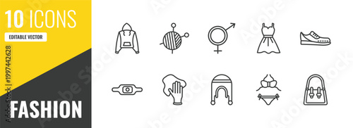 fashion outline icon set. 10 linear vector for ui, web and mobile. thin line sweater with pockets, skein, unisex icons.