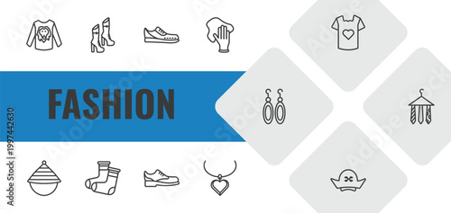 fashion outline icon set. linear vector for ui, web and mobile. thin line man printing, woman boots, gym shoes icons.