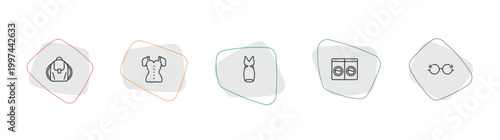 fashion outline icon set. linear vector for ui, web and mobile. thin line shoulder bag, blouse with buttons, neckline dress icons.