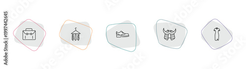 fashion outline icon set. linear vector for ui, web and mobile. thin line closed briefcase, ties on hanger, men shoe icons.