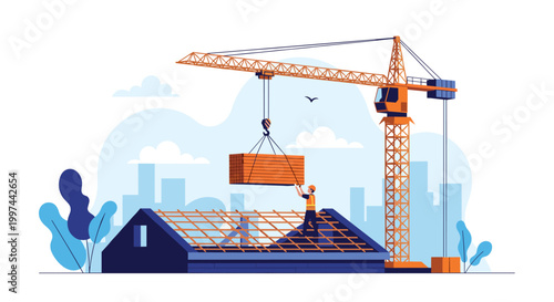 Two construction workers building the roof of a house while a large crane lifts wooden planks against a city skyline. Home building and real estate development.