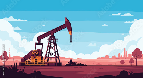 A pixel art landscape showing an oil pump jack working in a field at sunset, with an industrial plant in the background. Energy industry and fossil fuel extraction.