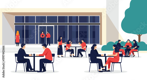 People relaxing and socializing at tables in a modern outdoor cafe patio area in front of a building with large windows. Urban lifestyle and community gathering.