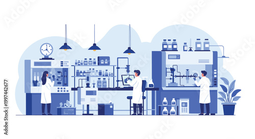 A team of scientists in lab coats conducting research and experiments in a modern, well-equipped scientific laboratory. Pharmaceutical and chemical innovation.