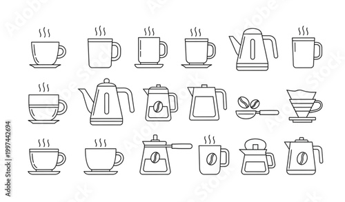 Coffee tea outline icons set cups beans kettle line vector illustration design