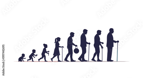 A powerful silhouette illustration depicting the various stages of a man's life, from a crawling infant to an elderly man. The human aging process and life cycle.