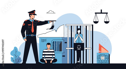 A conceptual illustration of the justice system, featuring a police officer, prisoners in jail, and the scales of justice. Law, crime, and punishment vector.
