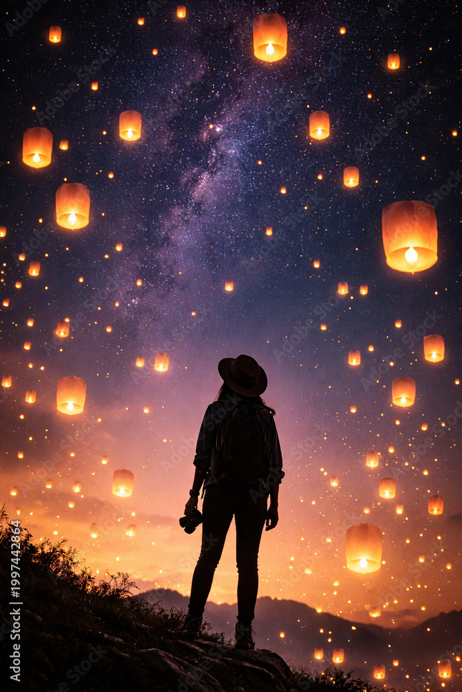 Naklejka premium Celestial Lanterns: An individual gazes upward, marveling at the vibrant display of floating lanterns amidst the twilight sky, an ethereal scene that evokes wonder and reflection.