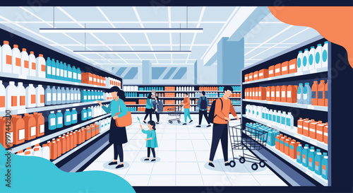 Busy supermarket aisle with diverse customers shopping for groceries, including a family with a child and a man with a cart. Retail environment, consumerism concept.