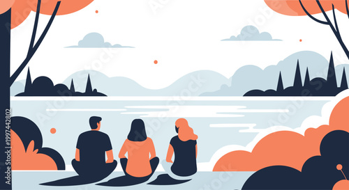 Three friends sitting peacefully by a calm lake, enjoying the serene landscape view of mountains and water together. Tranquil nature scene, minimalist vector art.