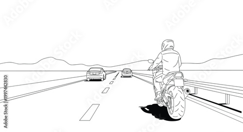 A detailed line art illustration showing the rear view of a person riding a motorcycle on a long, open highway. Road trip adventure, coloring book style vector art.