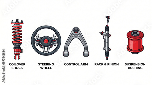 Comprehensive set of automotive vehicle suspension and steering system components showcasing essential parts for repair, maintenance, and performance upgrades