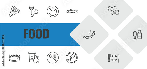 food outline icon set. linear vector for ui, web and mobile. thin line triangular pizza slice, lollypop, calories icons.