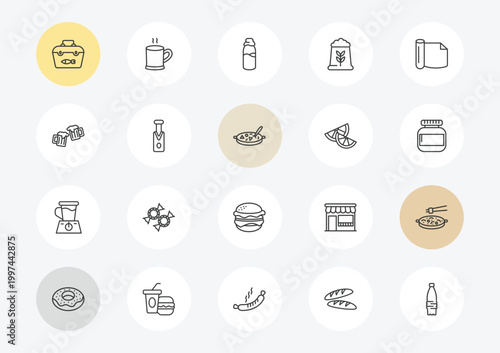 food outline icon set. linear vector for ui, web and mobile. thin line fishing tool, beers, blend icons.