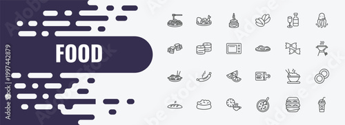 food outline icon set. linear vector for ui, web and mobile. thin line vegetarian food, five birthday cake, alcoholic drinks icons.