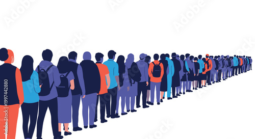 A large, diverse crowd of people viewed from behind, standing in a very long queue that stretches into the distance. Waiting in line, patience, society concept.