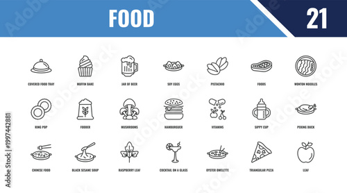 food outline icon set. linear vector for ui, web and mobile. thin line muffin bake, wonton noodles, vitamins icons.